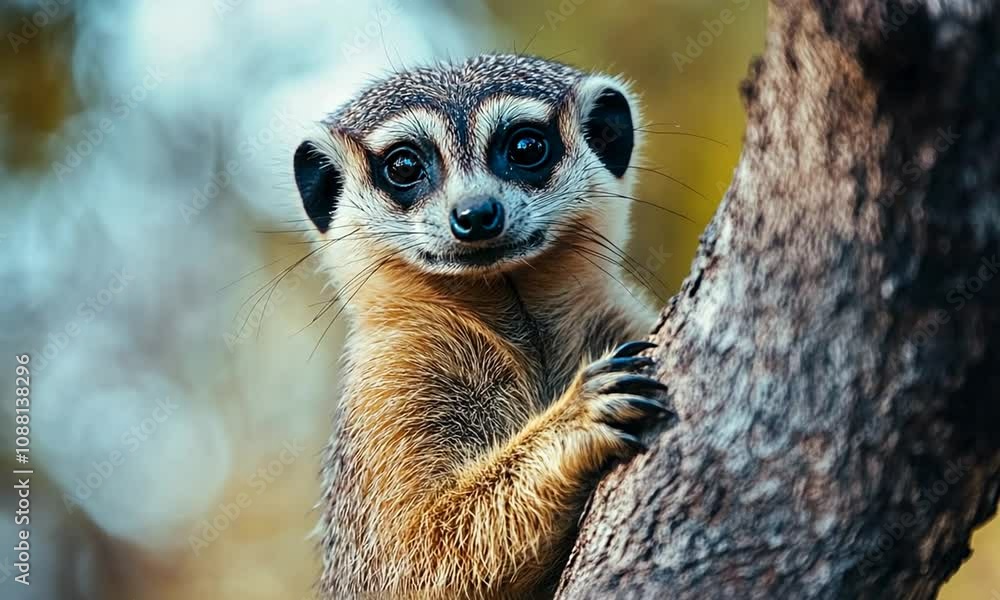 Poster Adorable Meerkat Peeking From Behind A Tree In A Natural Habitat Setting : Generative AI