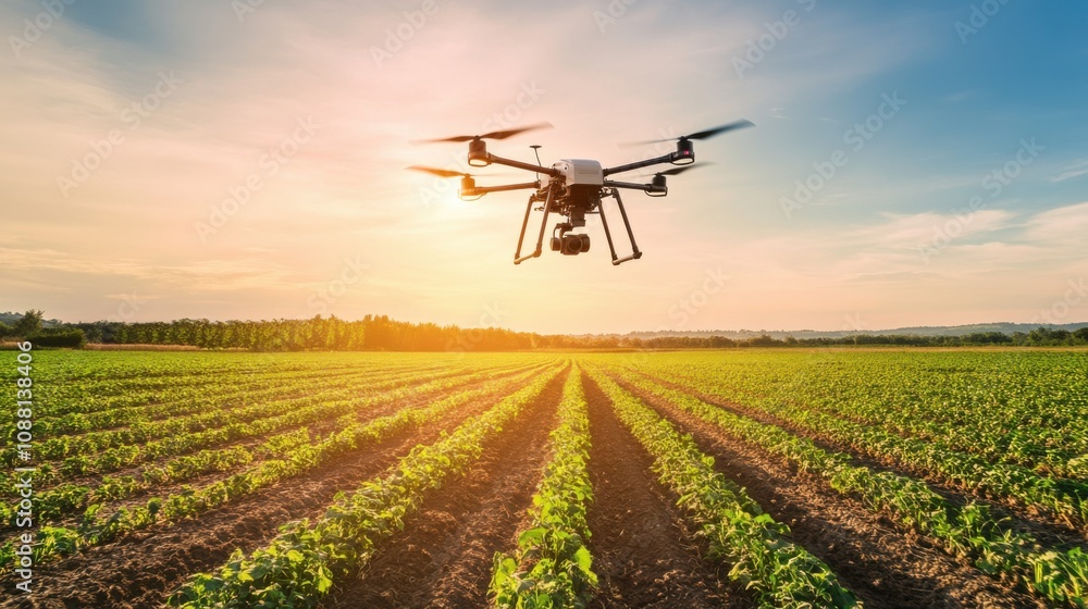 Poster A high-tech AI-driven autonomous drone for precision agriculture, clean farm field with drones designed for accurate planting and crop treatment, Precision Planting style
