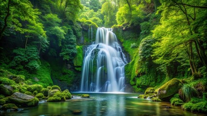 Waterfall cascading through lush green forest, Waterfall, Forest, Nature, Scenic, Landscape, Flowing, Tranquil, Serene, Wild
