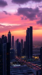 Fototapeta premium Stunning sunset over Dubai's skyline with vibrant colors and towering skyscrapers.