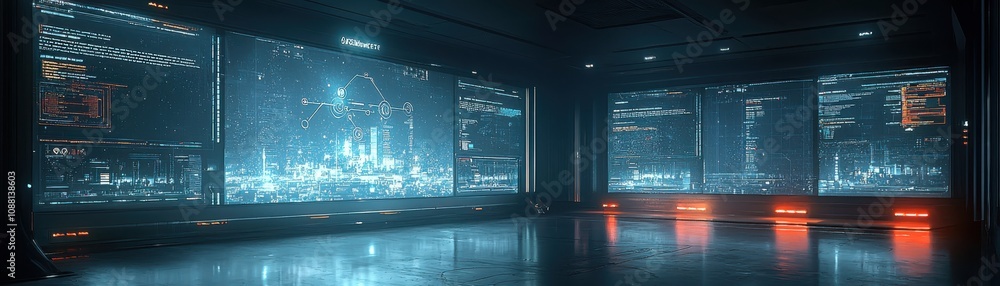 Poster exploring high-tech workspace innovations smart glass displays illuminate nighttime productivity mod