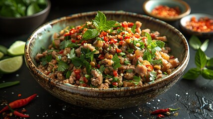 A crisp image of Larb in a bowl, garnished with fresh herbs and chili flakes, served on a rustic table 