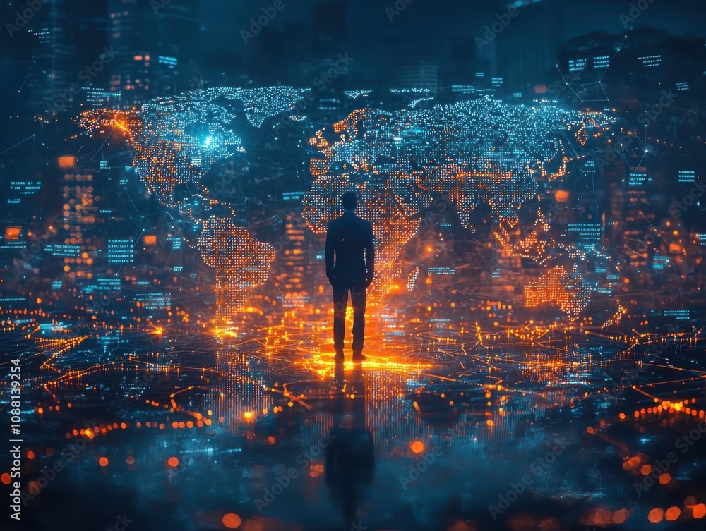 Poster global business networking event worldwide illuminated world map visualization digital environment s