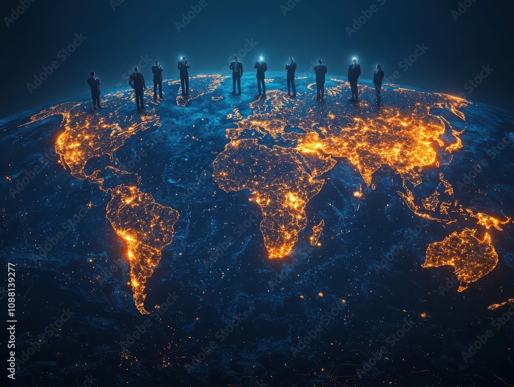 Poster enhancing global connections international business networking on an illuminated world map digital e
