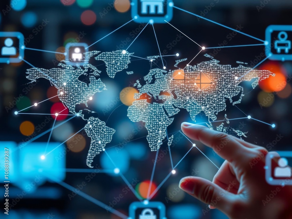 Poster a digital world map with interconnected lines representing global business transactions and communic