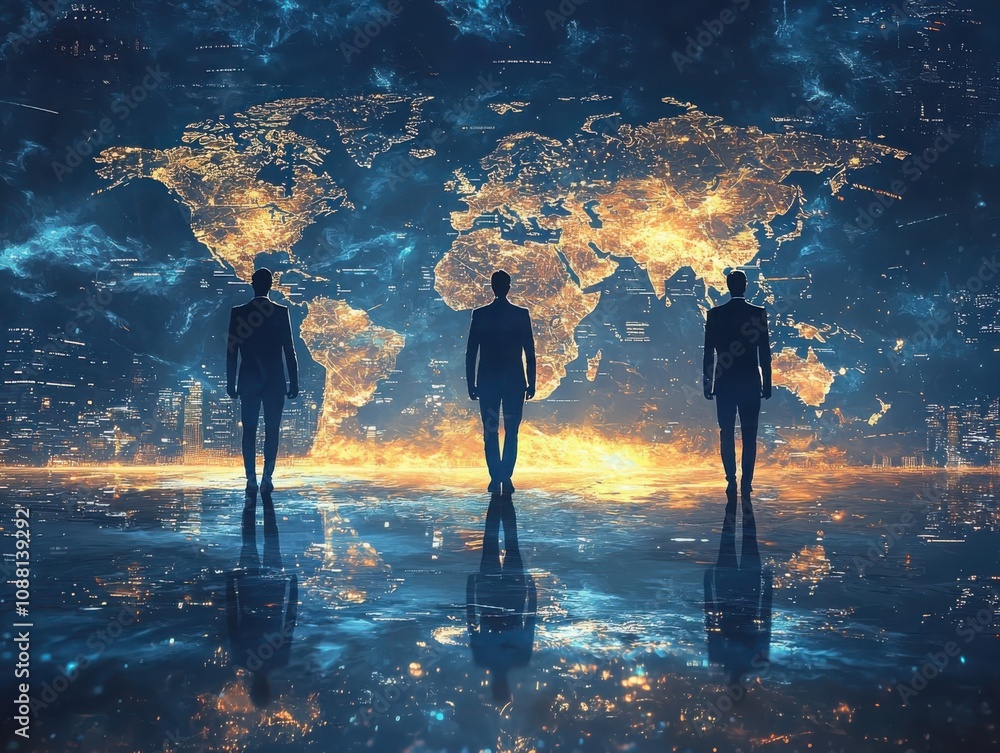 Poster enhancing international business networking through an illuminated world map global strategies and c