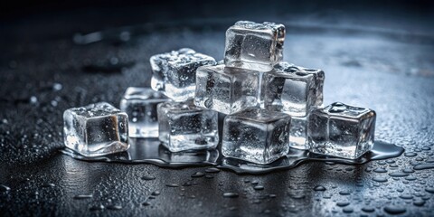 Chilled ice cubes on dark slate background, ice, cubes, cold, refreshing, cool, frozen,water, summer, frosty, chilling