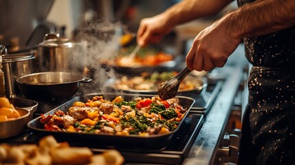 A male chef prepares a colorful array of roasted vegetables in a bustling kitchen.