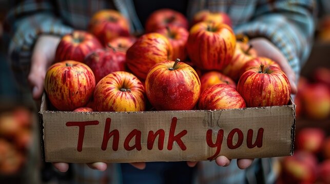 A person holding out an open cardboard box of apples and fruits with the words "Thank you".