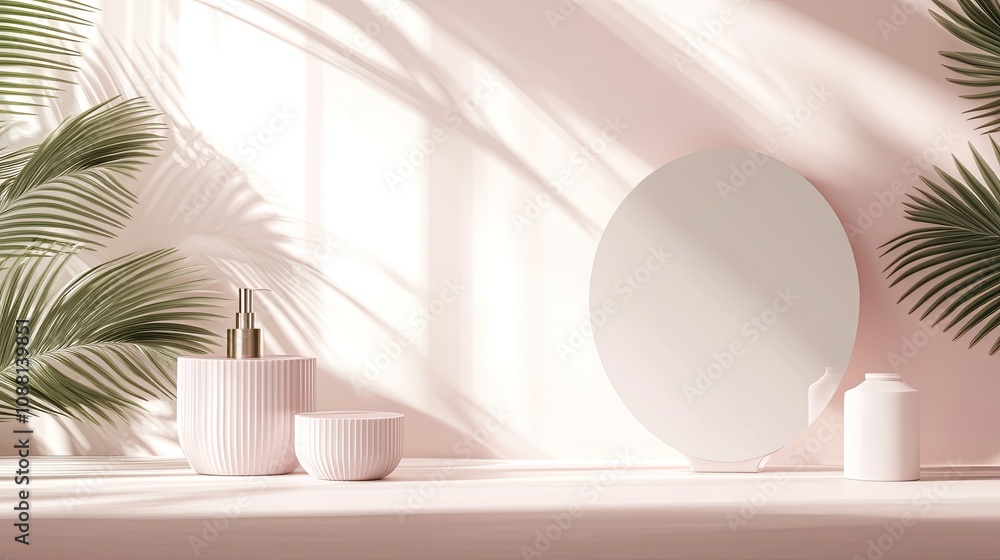 Poster elegant bathroom setup featuring minimalistic design elements with soft shadows and lush green palm 
