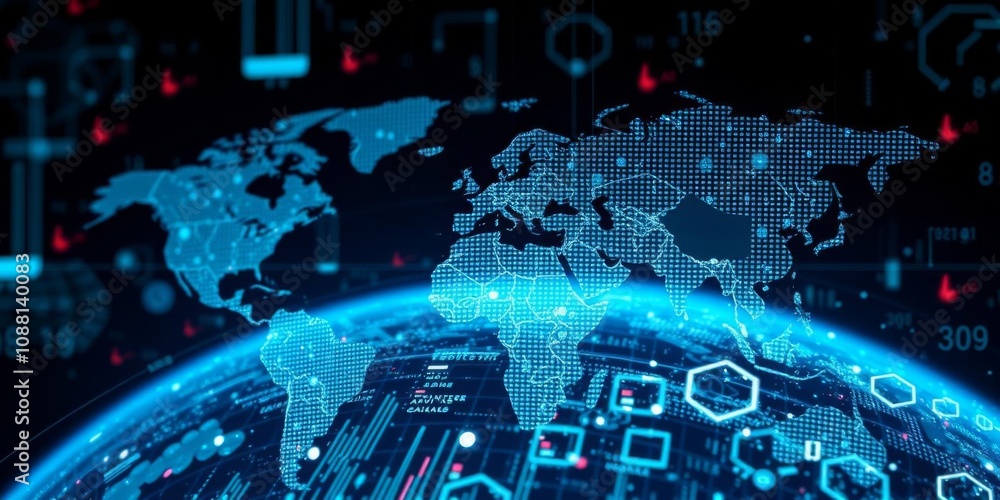 Poster a futuristic digital globe with interconnected lines representing global business operations, global