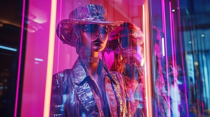 Naklejka premium Fashion mannequin in silver outfit and hat, displayed in neon-lit window.