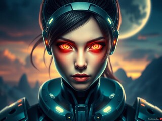 A futuristic female warrior with glowing cybernetic eyes stands fierce against a vivid, otherworldly sky backdrop, science fiction, cybernetic
