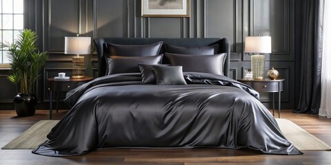 Luxurious black satin cotton bedding set on a bed , black, satin, cotton, bedding, luxurious, comfort, bedroom, pillows, blanket