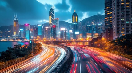 Fototapeta premium Night cityscape with vibrant highway traffic light trails and modern skyscrapers.