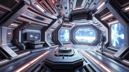 A futuristic space station interior with holographic displays and metallic surfaces, station, environment