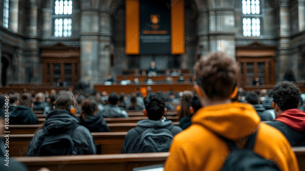 Poster imposing university lecture hall with focused students listening to esteemed professor