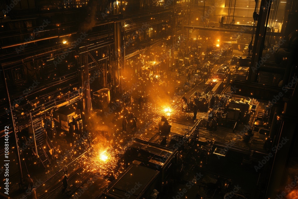 Aufkleber In a spacious industrial workshop, several workers are engaged in welding, creating bright sparks and illuminating the area. Generative AI