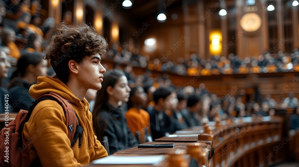 Poster imposing university lecture hall with focused students engaged in scholarly discourse