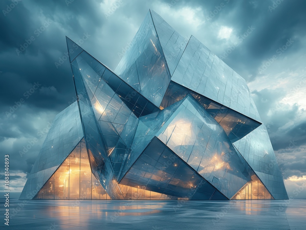 Poster exploring modern architectural geometry reflective building surfaces in urban environments