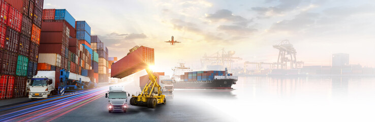Container truck in ship port for business Logistics and transportation of Container Cargo ship and Cargo plane with working crane bridge in shipyard at sunrise, logistic import export and transport