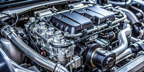 Close-up view of a modern engine, close-up, detailed, engine, parts, machinery, technology, metal, automotive, mechanical