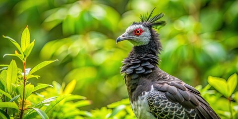 Fototapeta premium Horned Screamer in Manu National Park, Peru with green leaves background, Horned Screamer