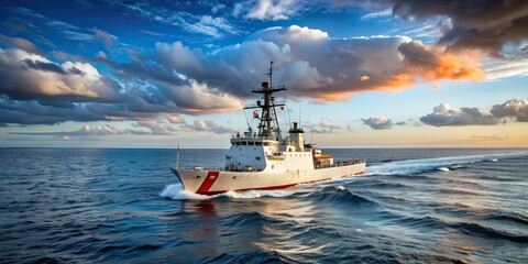 Coast Guard cutter sailing on the open sea, coast guard, cutter, ship, boat, sail, ocean, sea, maritime, water, vessel