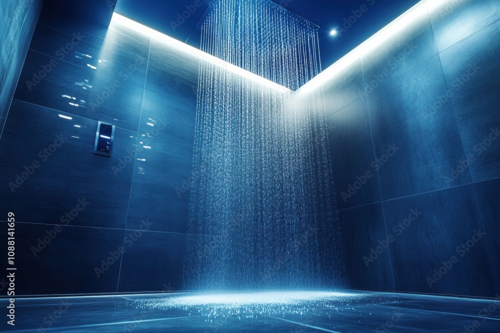 Fototapete This bathroom showcases an advanced shower system with a sleek touch panel for precise temperature adjustments, creating a luxurious atmosphere. Generative AI