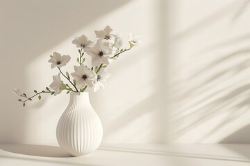 White vase with white flowers on a white background