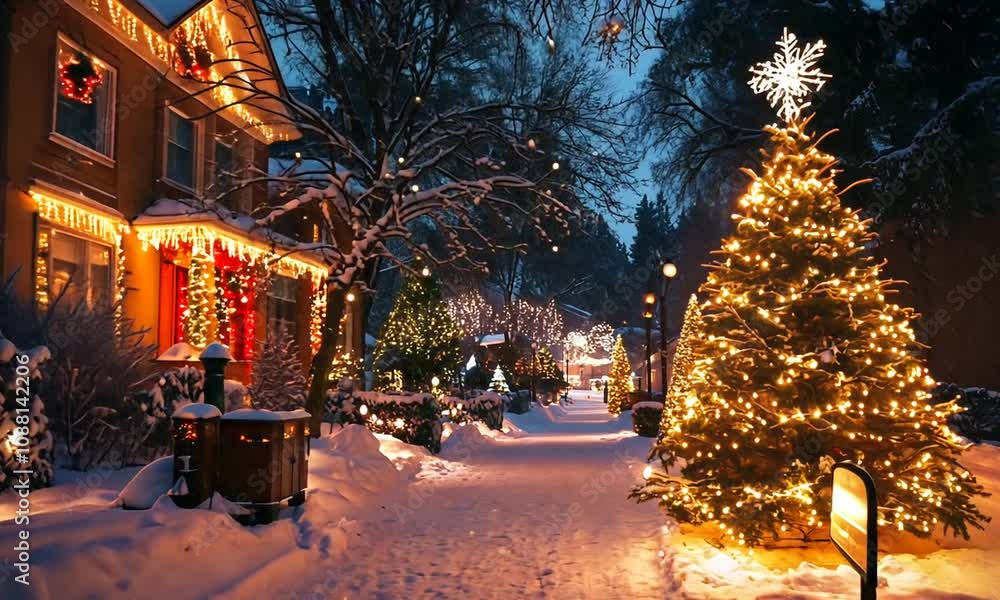 Poster charming festive christmas scene with snowcapped trees and illuminating lights : generative ai