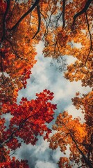 A vibrant view of autumn leaves in rich reds and oranges against a cloudy sky.