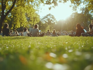 Expansive outdoor scene with students sitting across a campus lawn, each using a tablet for elearning, wideangle capturing the entire setting, blending nature and technology