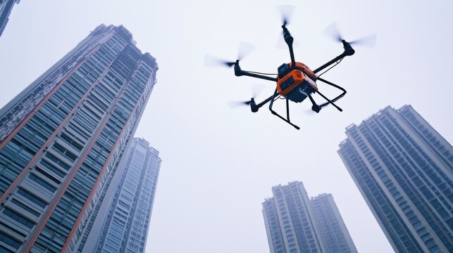 A high-tech AI-driven autonomous drone for real-time infrastructure inspections, clean urban infrastructure with drones designed for detailed and timely inspection of buildings and structures