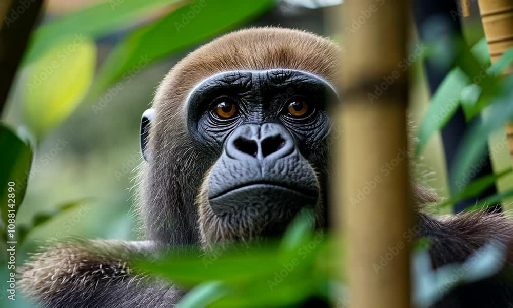 Poster majestic gorilla in lush jungle setting with enchanting gaze and natural habitat : generative ai