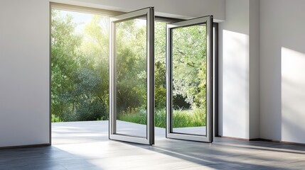Open glass doors leading to a green garden, with sunlight streaming in, showcasing a bright and airy room.