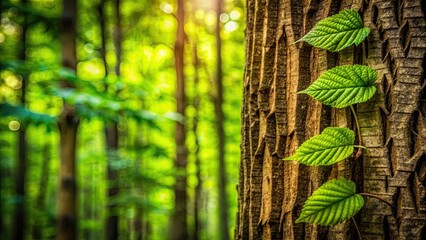 Obraz premium Close-up of detailed leaf patterns and tree bark textures in a lush forest setting , macro photography, intricate, foliage