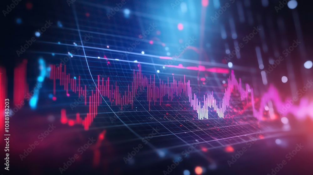 Poster abstract financial data visualization with red and blue lines and dots on a dark background.