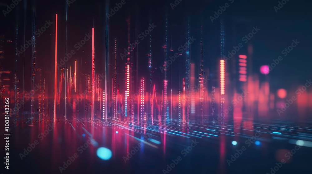 Poster abstract digital background with glowing lines and particles in red and blue.