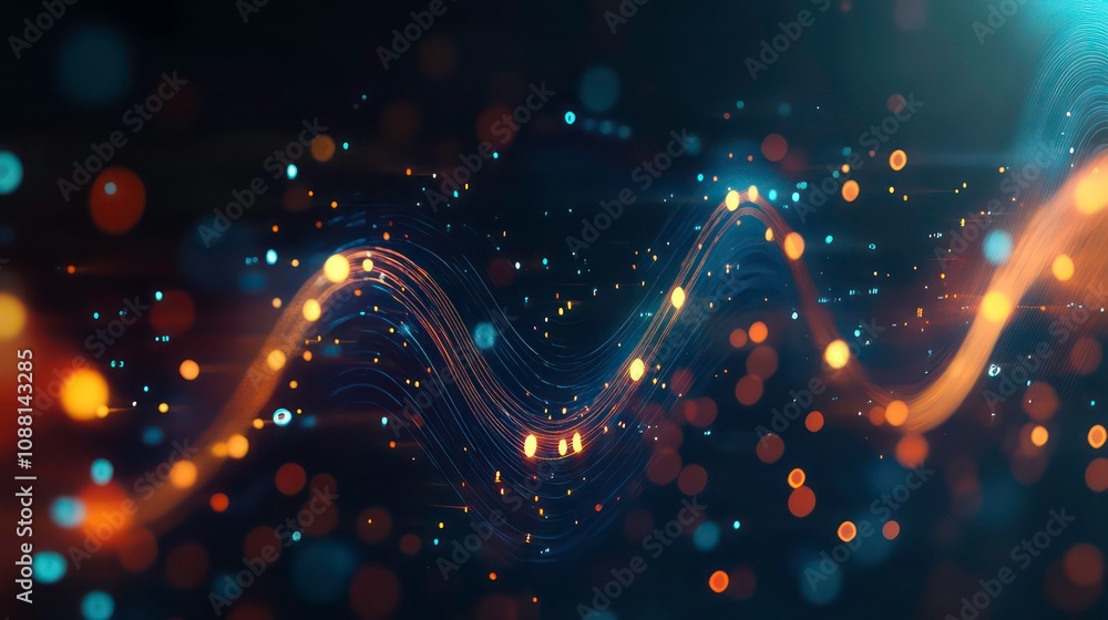 Poster abstract glowing waves with bokeh lights on a dark background.