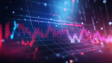Abstract financial data visualization with red and blue lines and dots on a dark background.