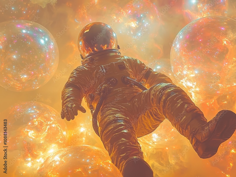 Poster spaceman exploring colorful nebula with iridescent space bubbles outer space digital art cosmic envi