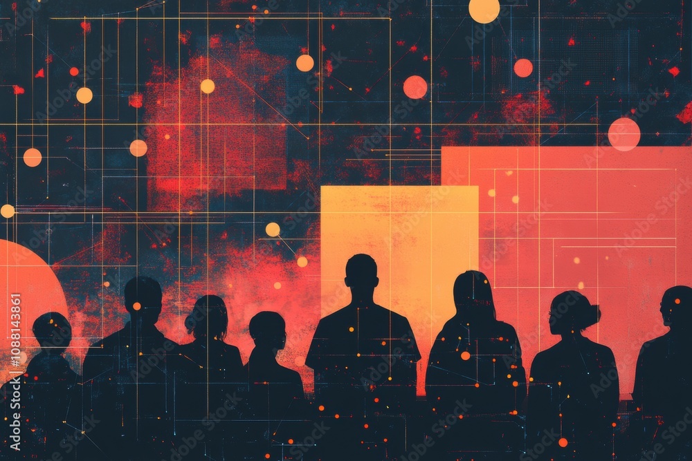 Poster a group of people stands together in front of an abstract ai display, showcasing bright colors and i