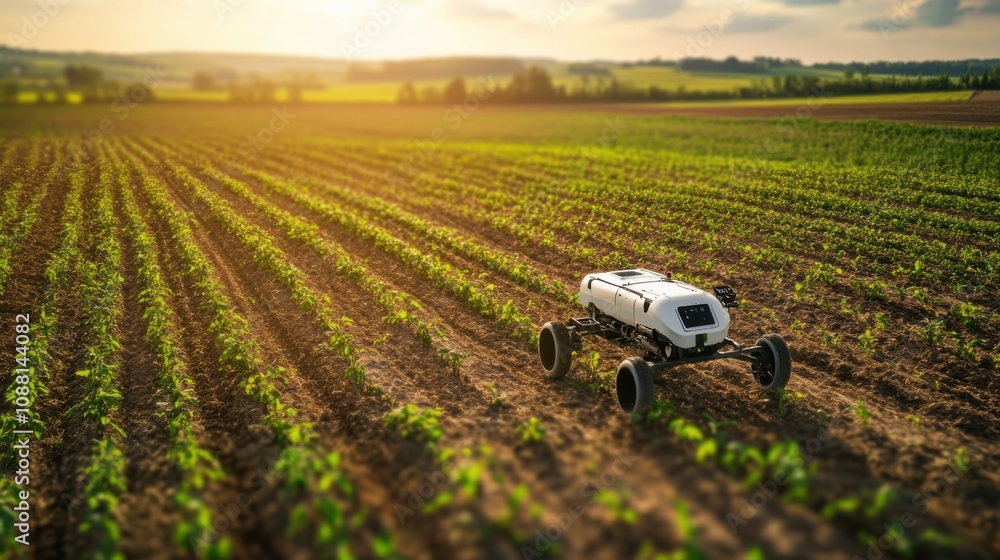 Poster A high-tech AI-driven autonomous farming robot for crop harvesting, clean agricultural field with robots designed for efficient and precise harvesting operations, Harvesting style