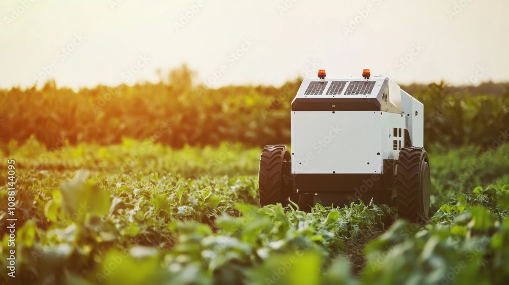 Aufkleber A high-tech AI-driven autonomous farming robot for crop harvesting, clean agricultural field with robots designed for efficient and precise harvesting operations, Harvesting style