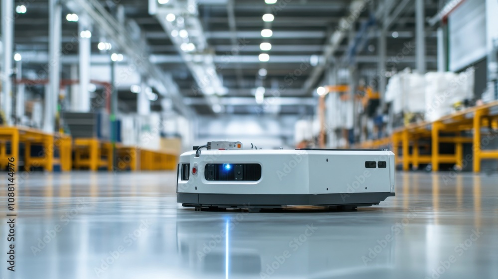 Poster a high-tech ai-driven autonomous inspection robot for industrial equipment, clean factory floor with