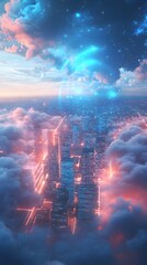 Futuristic city skyline illuminated by neon lights amidst a cloudy sky.
