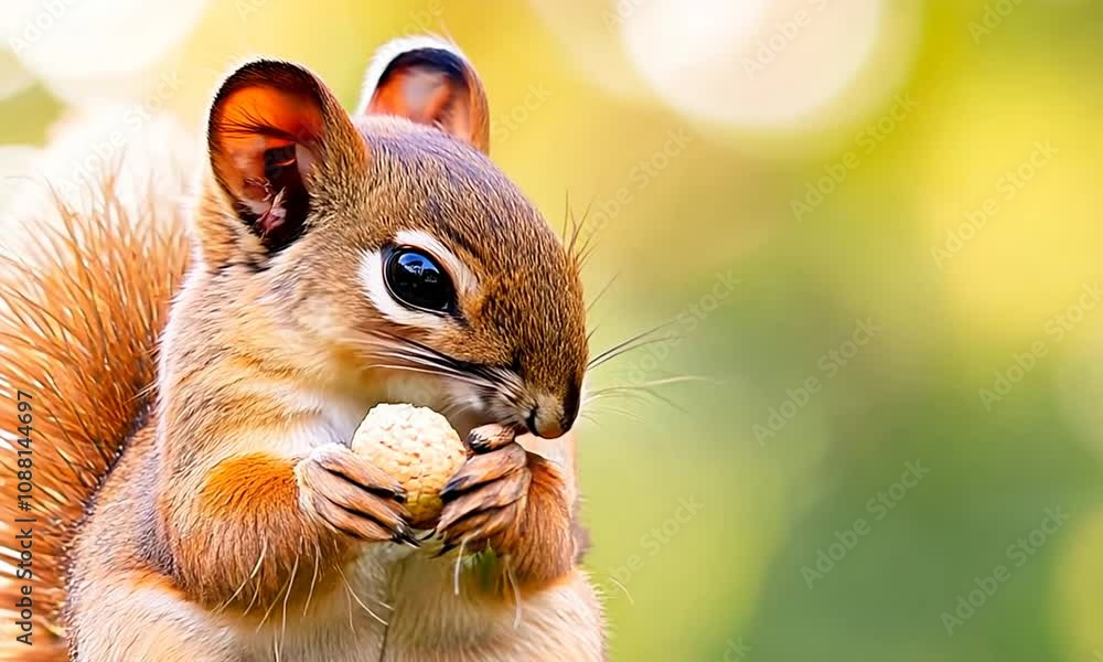 Poster adorable squirrel eating nut on tree branch in sunlit park : generative ai