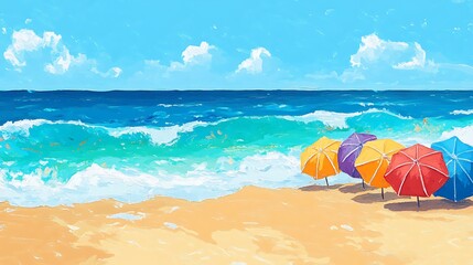Obraz premium Vibrant beach scene with colorful umbrellas on sandy shore under a sunny sky and ocean waves.