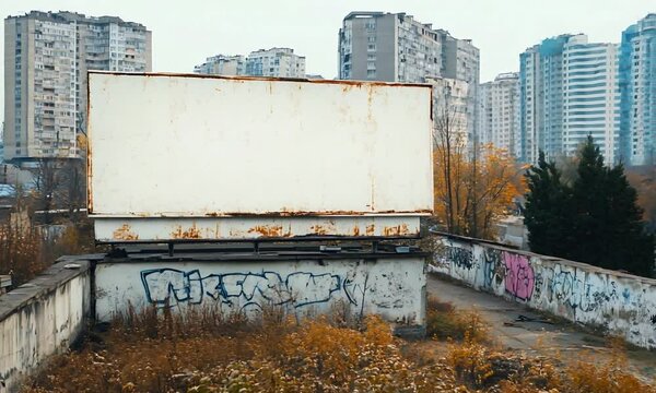 Old weathered billboard on an industrial rooftop showing urban decay and forgotten advertising potential in gritty cityscape : Generative AI